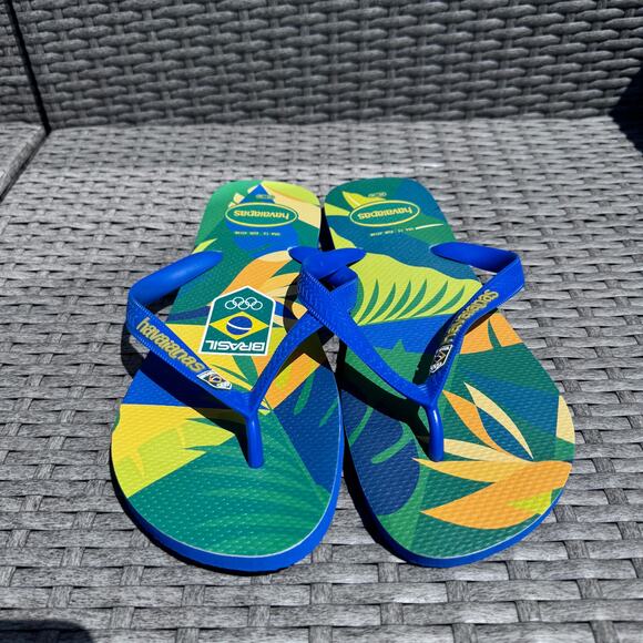 Havaianas Brazil Olympic Team Floral Flip Flop Slipper Blue Green Womens Size 13 - Picture 3 of 9